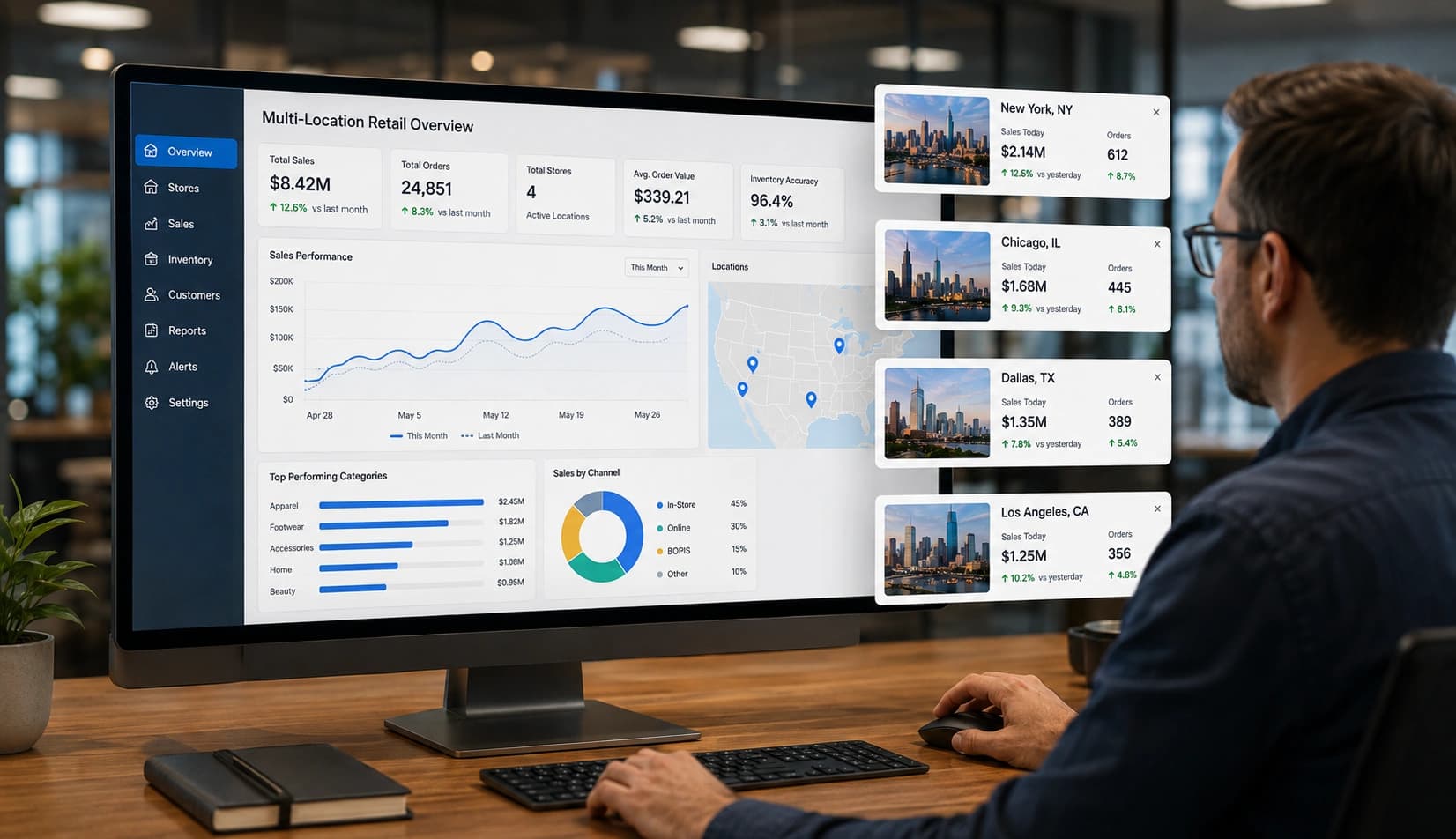 Multi-location retail dashboard showing store inventory, stock transfers, replenishment alerts, and location performance.